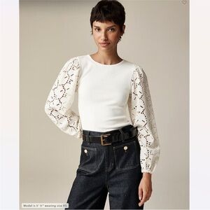 J.Crew Vintage Rib Top with Cotton Poplin Eyelet Sleeves